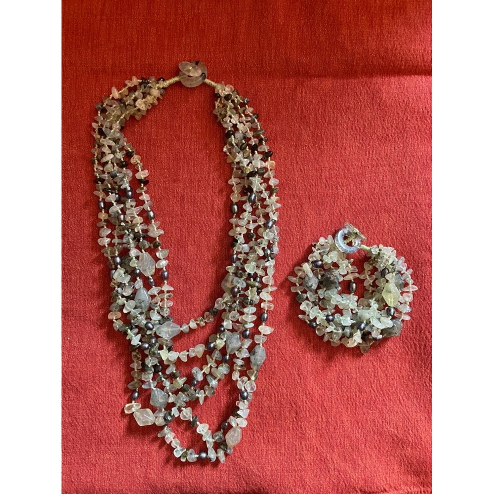 Vintage 6 Strand Prehnite Crystal Gem Chips & Purple Pearls Necklace & Bracelet